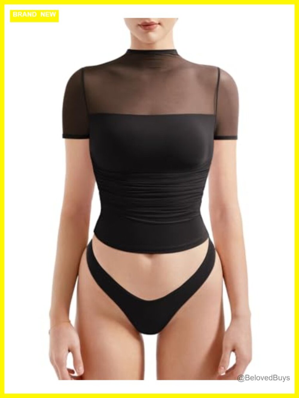 Sheer Mesh Short Sleeve Mock Neck Ruched Crop Top